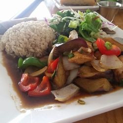 Jeff's Vegan - Eggplant and tofu in brown sauce with brown rice and mixed salad.