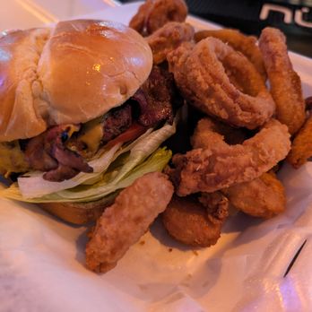 Finnegan's Easy - a hamburger and onion rings - Sports Bars Near Me - New Orleans, Louisiana