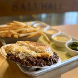 Smish Smash - Cheeseboiga: Yellow american cheese, pickles, caramelized onions, vic mac sauce (S-$13), Fries ($4.5), Jalapeños ($1), Everything Sauce ($2)