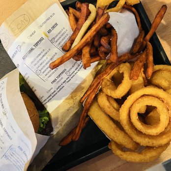 Bob's Atomic Burgers - A burger, a chicken burger, sweet potato fries and onion rings.... So good - Burgers Near Me - Golden, Colorado