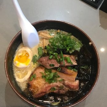 Oni Ramen - Kyushu Tonkotsu 九州豚 Rich pepper pork broth with pork belly, bamboo shoots, woodear, mustard greens, red ginger, green onion, black garlic - Ramen Near Me - Dallas, Texas