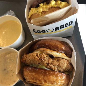 Eggbred - Fried chicken sandwich, soft scramble sandwich, gravy, hollandaise - Breakfast & Brunch Near Me - La Habra, California