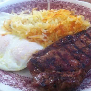 Millbrae Pancake House - New York Steak & Eggs (10 oz. USDA Choice, Served w/Hash Browns & 2 Swedish Pancakes) - American Near Me - Millbrae, California Millbrae Pancake House - New York Steak & Eggs (10 oz. USDA Choice, Served w/Hash Browns & 2 Swedish Pancakes) - American Near Me - Millbrae, California