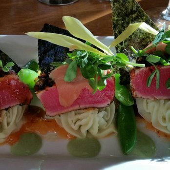 Camps Restaurant - Seared ahi as amazing as it looks. Bought a bottle downstairs at The Cellar, no corkage fee to enjoy with supper. Exceptional service - American Near Me - Angels Camp, California