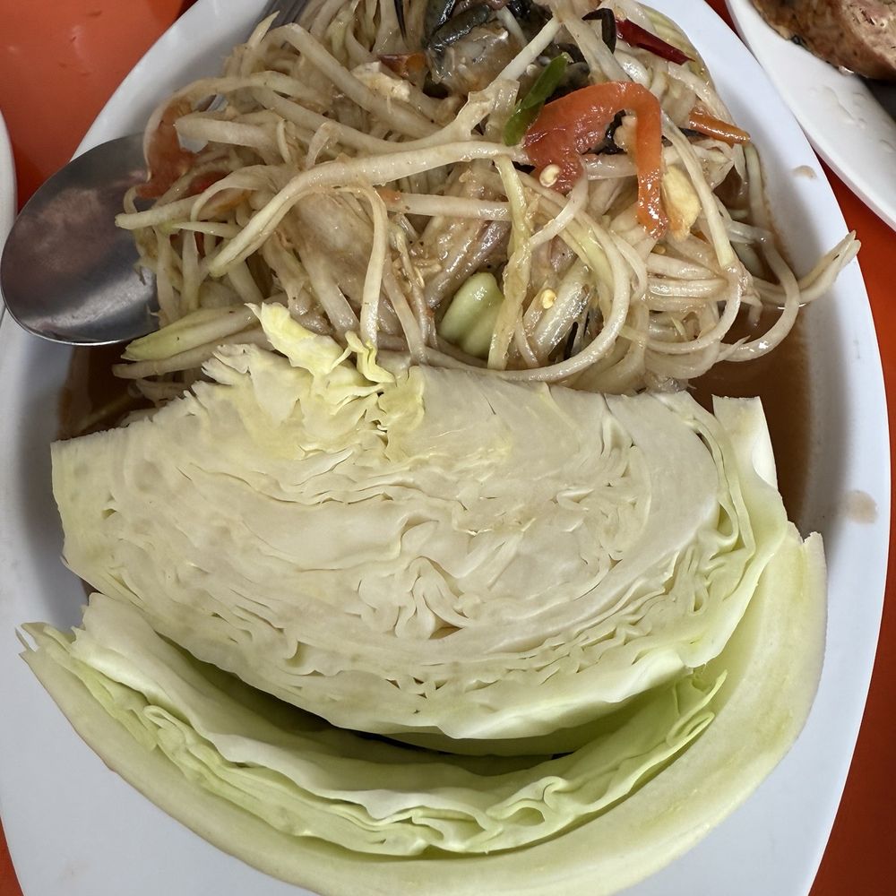 Laod'er Phet's Kitchen Farm To Table Style - Papaya salad with pickled Coos Bay crab. - Laotian Near Me - Weed, California Laod'er Phet's Kitchen Farm To Table Style - Papaya salad with pickled Coos Bay crab. - Laotian Near Me - Weed, California