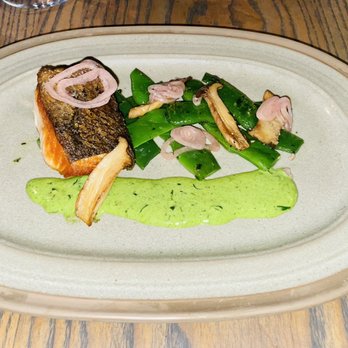Trestle - Crispy Skin Salmon King Trumpet, Marinated Romano Bean, Salsa Verde Aioli - New American Near Me - San Francisco, California Trestle - Crispy Skin Salmon King Trumpet, Marinated Romano Bean, Salsa Verde Aioli - New American Near Me - San Francisco, California