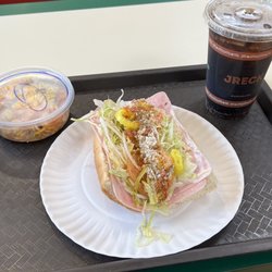 JRECK Subs - A half a ham & cheese sub with Russian dressing and extra hot peppers, a pasta salad and a Dr Pepper