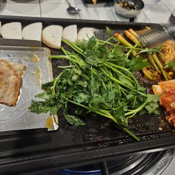 K Team BBQ - Grilled Veggies--Minari, king oyster mushroom, cabbage kimchi, green onion kimchi, and bean sprouts - Korean Near Me - Los Angeles, California