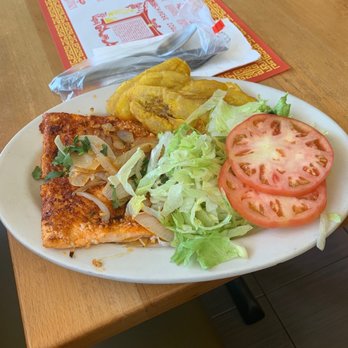Sabor Latino Seafood Restaurant - Grilled salmon with Tostones - Seafood Near Me - Bronx, New York