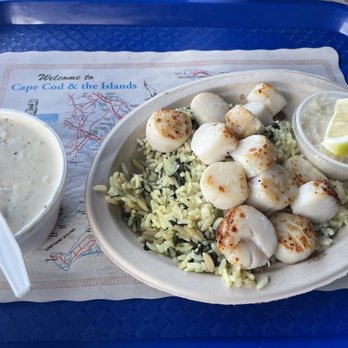 Chatham Fish & Chips - broiled scallop platter and clam chowder - Fish & Chips Near Me - Chatham, Massachusetts