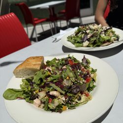 Build your own salad: romaine, spring mix, beets, roasted red peppers, roasted corn, feta, grilled chicken, rosemary focaccia
