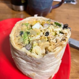 a burrito on a red plate a burrito on a red plate