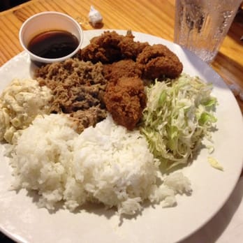 Back Home In Lahaina - Kalua pork and lahaina fried chicken combo plate with rice, ramen cabbage salad, and macaronic salad - Hawaiian Near Me - Carson, California