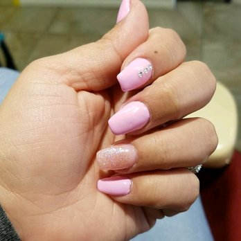 Edgy Nails & Spa - Coffin pink nails with a touch of bling by Yvonne - Nail Salons Near Me - Riverside, California