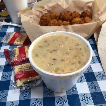 The Catch - Arlington - A Bowl of Clam Chowder Soup and an order of Hush Puppies. - Seafood Near Me - Arlington, Texas The Catch - Arlington - A Bowl of Clam Chowder Soup and an order of Hush Puppies. - Seafood Near Me - Arlington, Texas