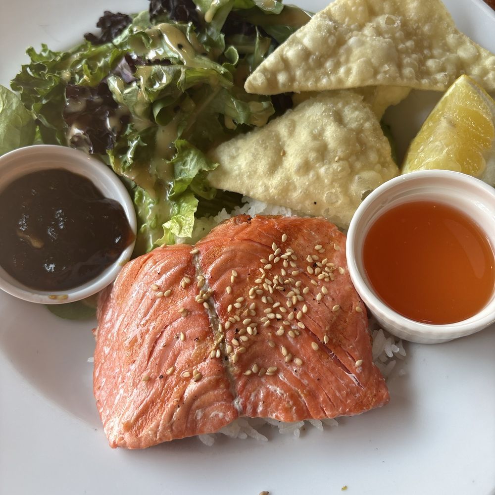 Anthony's At The Old Mill District - Salmon with jasmine rice and salad - Seafood Near Me - Bend, Oregon Anthony's At The Old Mill District - Salmon with jasmine rice and salad - Seafood Near Me - Bend, Oregon