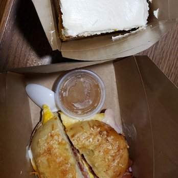 Maple Street Bistro - Breakfast sandwich on a homemade bagel, with homemade applesauce. And pumpkin bar with cream cheese frosting. - Breakfast & Brunch Near Me - Spokane, Washington Maple Street Bistro - Breakfast sandwich on a homemade bagel, with homemade applesauce. And pumpkin bar with cream cheese frosting. - Breakfast & Brunch Near Me - Spokane, Washington