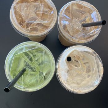 Little Ox Coffee - top left: pandan late  top right: coconut spicy latte  bottom left: matcha latte  bottom right: salted cream vanilla latte - Coffee & Tea Near Me - Fullerton, California
