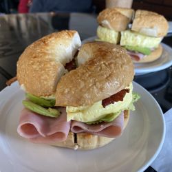 Bean & Leaf Cafe - Egg Parmesan Bagel with bacon, ham, cheese and avocado.  Light and fluffy egg with a nice soft and warm bagel.
