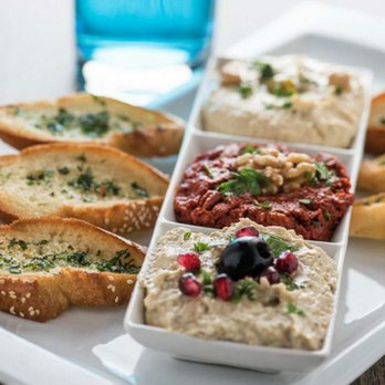 Cyan Cafe & Lounge - #TrioDip was Baba Ghanoush, Hummus & Muhammara served with mini bread with sesame seeds - Middle Eastern Near Me - Richmond Hill, Ontario Cyan Cafe & Lounge - #TrioDip was Baba Ghanoush, Hummus & Muhammara served with mini bread with sesame seeds - Middle Eastern Near Me - Richmond Hill, Ontario