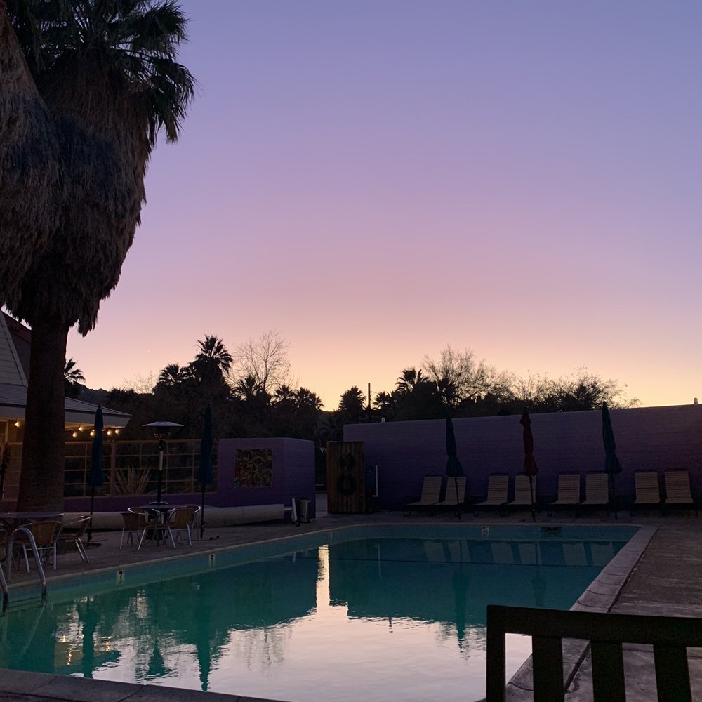 29 Palms Inn - This is my view from my patio seat for dinner. A great place to see the beautiful sky, nearby oasis, or have drinks by their fire pit. - New American Near Me - 29 Palms, California