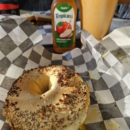 Everything bagel egg sandwich with coffee