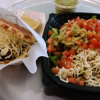 Guasaca - Pork Arepa w/ Black Beans, Plantains, and Cheese plus Chicken Salad Rice Bowl w/ everything = Best Lunch Ever! - Venezuelan Near Me - Raleigh, North Carolina