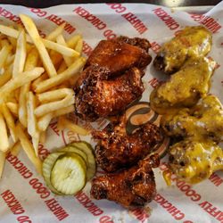 Chick-in Waffle - 8-piece bone-in wings meal. Half Asian Chili, half Garlic Parm.