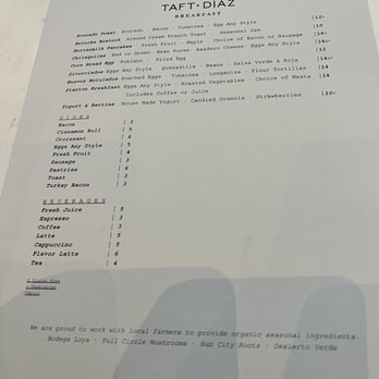 Taft Díaz - Breakfast menu - New American Near Me - El Paso, Texas