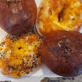 High Octane Cafe & Bakery - Clockwise starting from top right: jalapeno cheddar bagel, stuffed bagel, cheddar everything bagel and stuffed bagel. Everything was 5/5. - Bakeries Near Me - Waterford Township, Michigan