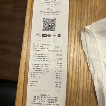 Onoya Ramen - Our bill do four - Ramen Near Me - Honolulu, Hawaii Onoya Ramen - Our bill do four - Ramen Near Me - Honolulu, Hawaii