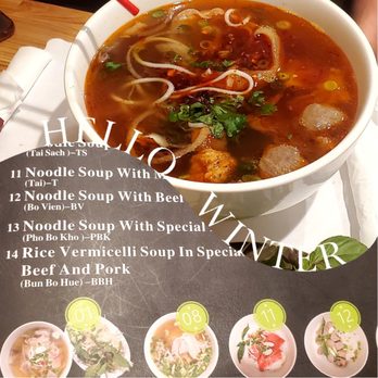 Gia Lai Restaurant - #14 Rice Vermicelli in Special Spicy Broth with Beef & Pork. The caption reads, "Hello Winter". Actual soup on top, menu on bottom. - Chinese Near Me - Modesto, California Gia Lai Restaurant - #14 Rice Vermicelli in Special Spicy Broth with Beef & Pork. The caption reads, "Hello Winter". Actual soup on top, menu on bottom. - Chinese Near Me - Modesto, California