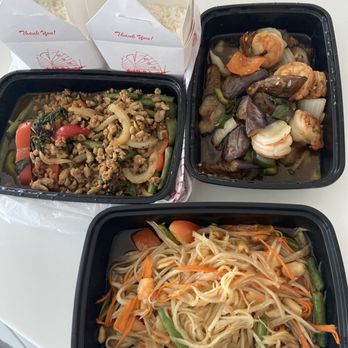 Gaati Thai Kitchen - Spicy Basil with chicken, spicy egg Spicy Eggplant with shrimp, and papaya salad. - Thai Near Me - Henderson, Nevada