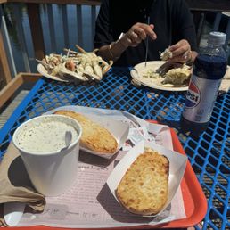 Large crab chowder with two pieces of garlic bread and soda Large crab chowder with two pieces of garlic bread and soda