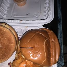 Smashed bun with Small Ahh chicken with weak sauce and barely any fries . SMH red rooster