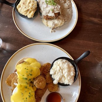 Grace & Grit - Fried chicken benedict, chicken and biscuit with sausage gravy - Southern Near Me - Mount Pleasant, South Carolina