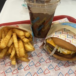 Single Deluxe, French Fries, and a Chocolate Milkshake Single Deluxe, French Fries, and a Chocolate Milkshake