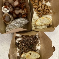 No Ka ‘Oi Thai Food by Nattaya - Top left - fried pork belly with sticky rice (in the foil), stir fried chicken, bottom - beef with basil. Liked this one but it's spicy!