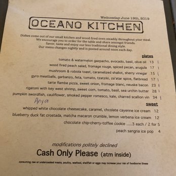 Oceano Kitchen - Menu for our visit. Changes regularly - New American Near Me - Lake Worth Beach, Florida Oceano Kitchen - Menu for our visit. Changes regularly - New American Near Me - Lake Worth Beach, Florida