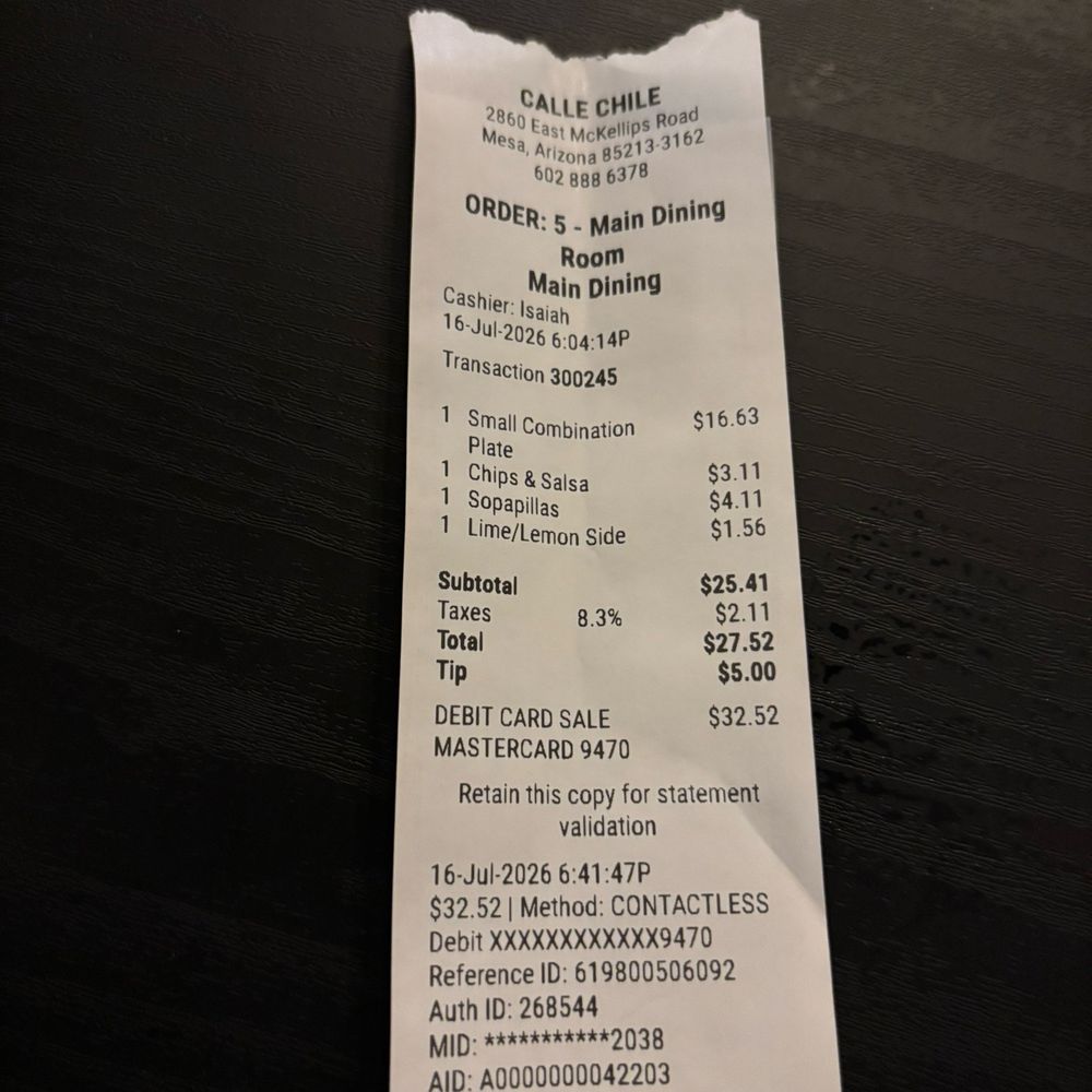 Calle Chile New Mexico Grille - My receipt - New Mexican Cuisine Near Me - Mesa, Arizona Calle Chile New Mexico Grille - My receipt - New Mexican Cuisine Near Me - Mesa, Arizona