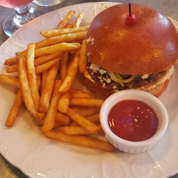 The Diver Bar and Grill - The Popeye Burger- Spinich, Sauteed Onions, Garlic Mayo, and goat cheese.   Regular Fries - Pizza Near Me - Eureka, California