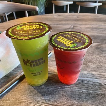 Green Leaves Tea Café - Lrg: Green tea, apple/peach flavor, peach popping pearls. Sml: black tea, pomegranate flavor, and strawberry popping pearls. - Bubble Tea Near Me - Orange, California Green Leaves Tea Café - Lrg: Green tea, apple/peach flavor, peach popping pearls. Sml: black tea, pomegranate flavor, and strawberry popping pearls. - Bubble Tea Near Me - Orange, California