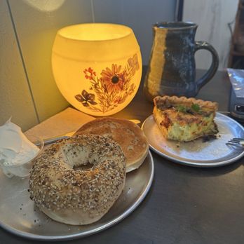 Sweetwater Coffeehouse - everything bagel with cream cheese & veggie quiche - Coffee & Tea Near Me - Sautee Nacoochee, Georgia