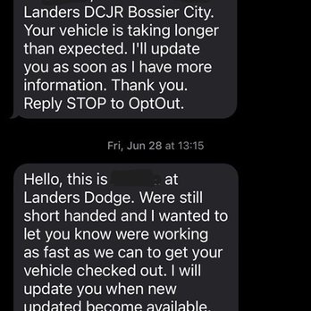 Landers Dodge Chrysler Jeep RAM - Text message from business. - Auto Repair Near Me - Bossier City, Louisiana Landers Dodge Chrysler Jeep RAM - Text message from business. - Auto Repair Near Me - Bossier City, Louisiana