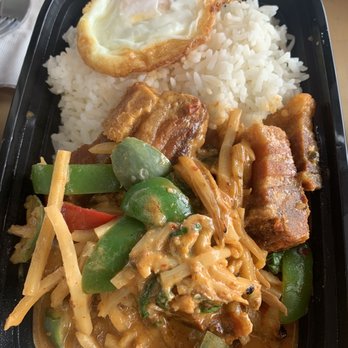 Soi 30th - Crispy pork belly with bamboo, bell pepper, rice and fried egg. - Thai Near Me - San Diego, California Soi 30th - Crispy pork belly with bamboo, bell pepper, rice and fried egg. - Thai Near Me - San Diego, California