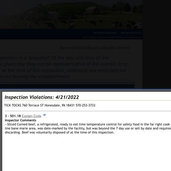 Tick Tock's on Terrace - PA Food and Safety Violations - New American Near Me - Honesdale, Pennsylvania Tick Tock's on Terrace - PA Food and Safety Violations - New American Near Me - Honesdale, Pennsylvania