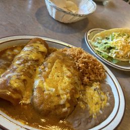 3 item combo with shredded beef taco and enchilada and a chile relleno. 3 item combo with shredded beef taco and enchilada and a chile relleno.