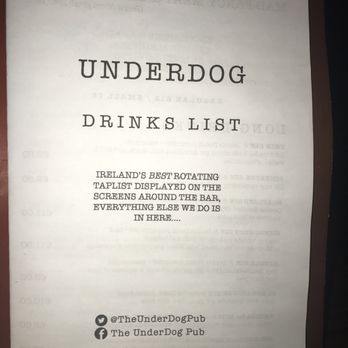 Underdog - Menu front page - Beer Bar Near Me - Dublin, D