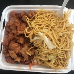 chicken and noodles in a styrofoam container chicken and noodles in a styrofoam container