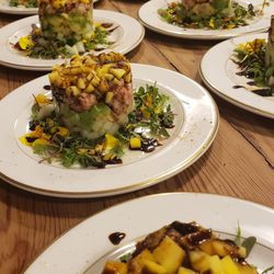 Rommel's Catering - Langoustines Avocado Trifle over Micro Greens with Fig Glaze
